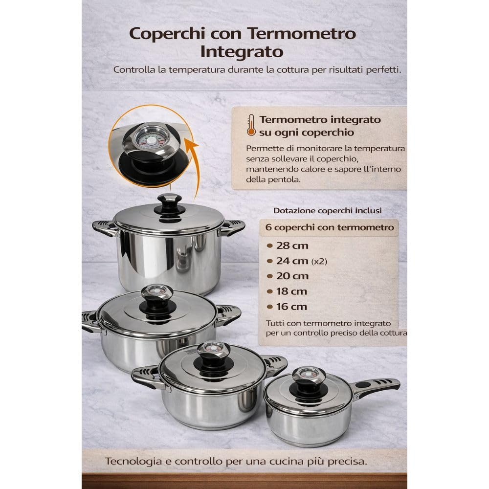 Batteria di Pentole 12 Pezzi in Acciaio Inox con Coperchio e Termostato - Adatte a Tutti i Piani Cottura