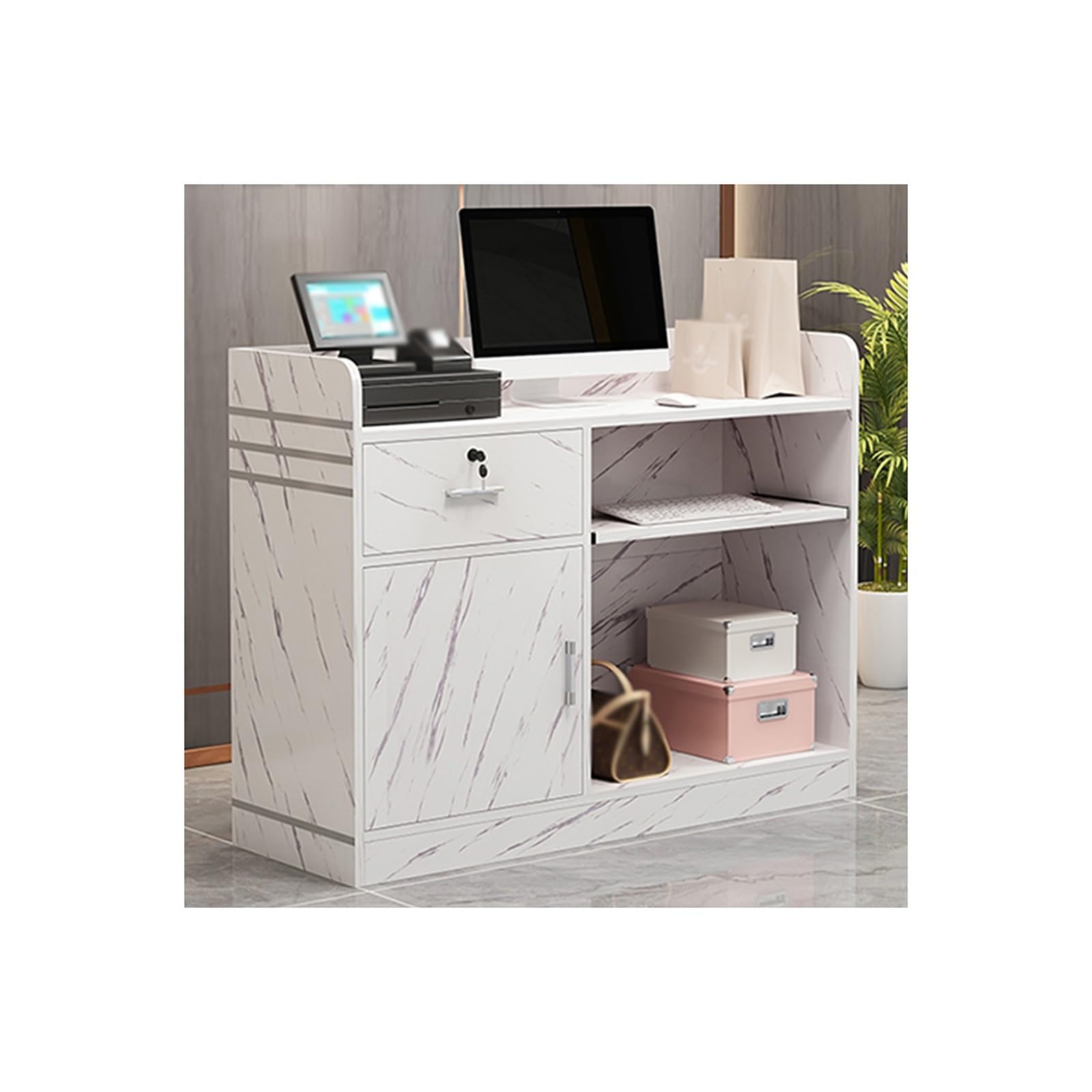 Moderno bancone per reception, con cassetti, per postazione di lavoro e vendita al dettaglio, ideale per saloni di abbigliamento e ristoranti, colore: bianco
