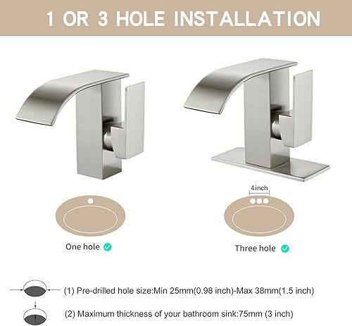 Miniatura 4 de Grifo de lavabo de baño de 1 agujero, cascada de níquel cepillado, mango moderno de un solo agujero, grifos de tocador de baño para fregaderos, 1