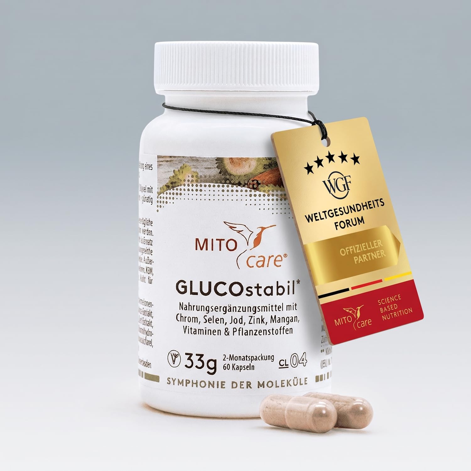 MITOcare GLUCOstabil - Chrom Kapseln Hochdosiert fördern die Aufrechterhaltung eines normalen Blutzuckerspiegels - Blutzucker Komplex mit Jod - Vorratspack mit 60 Kapseln, ausreichend für einen Monat
