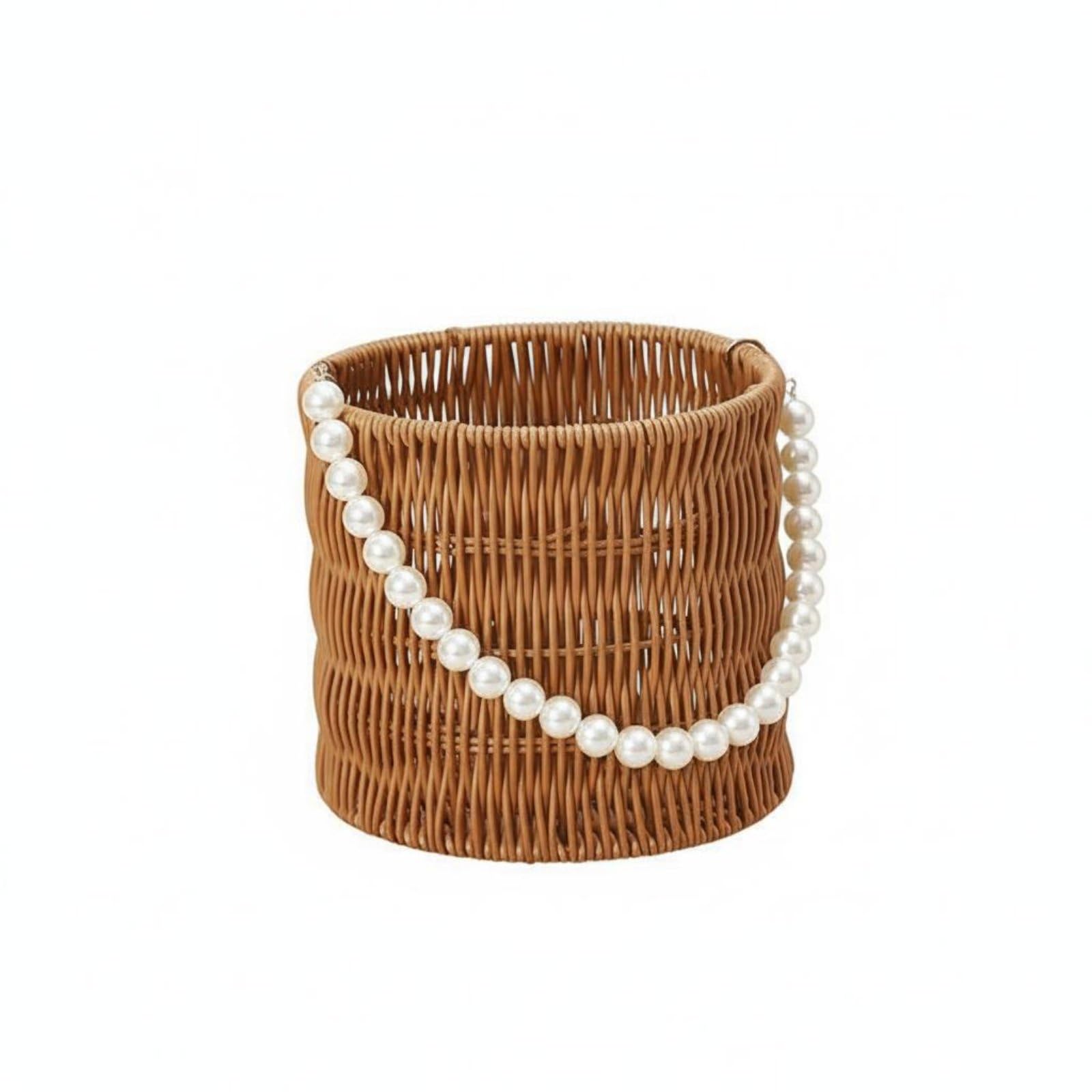 Multi-Purpose Rattan Design Flower Basket Multifunctional Woven Basket Pearl Handle Artisanal Pearl Handle Storage Bin Elegant Design for Party Decor, Wedding, 16-14.5cm, Round-image-36