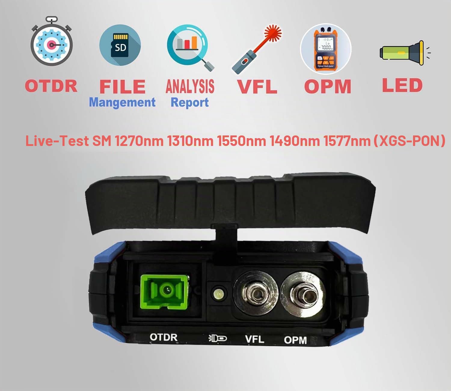 Elfcam - Mini OTDR Monomode ELF-2900, für Online-Test 1270nm/1310nm/1550nm/1490nm/1577nm XGS-PON, 22dB/20dB, bis 60km, mit Photometer, optisches Multimeter und VFL