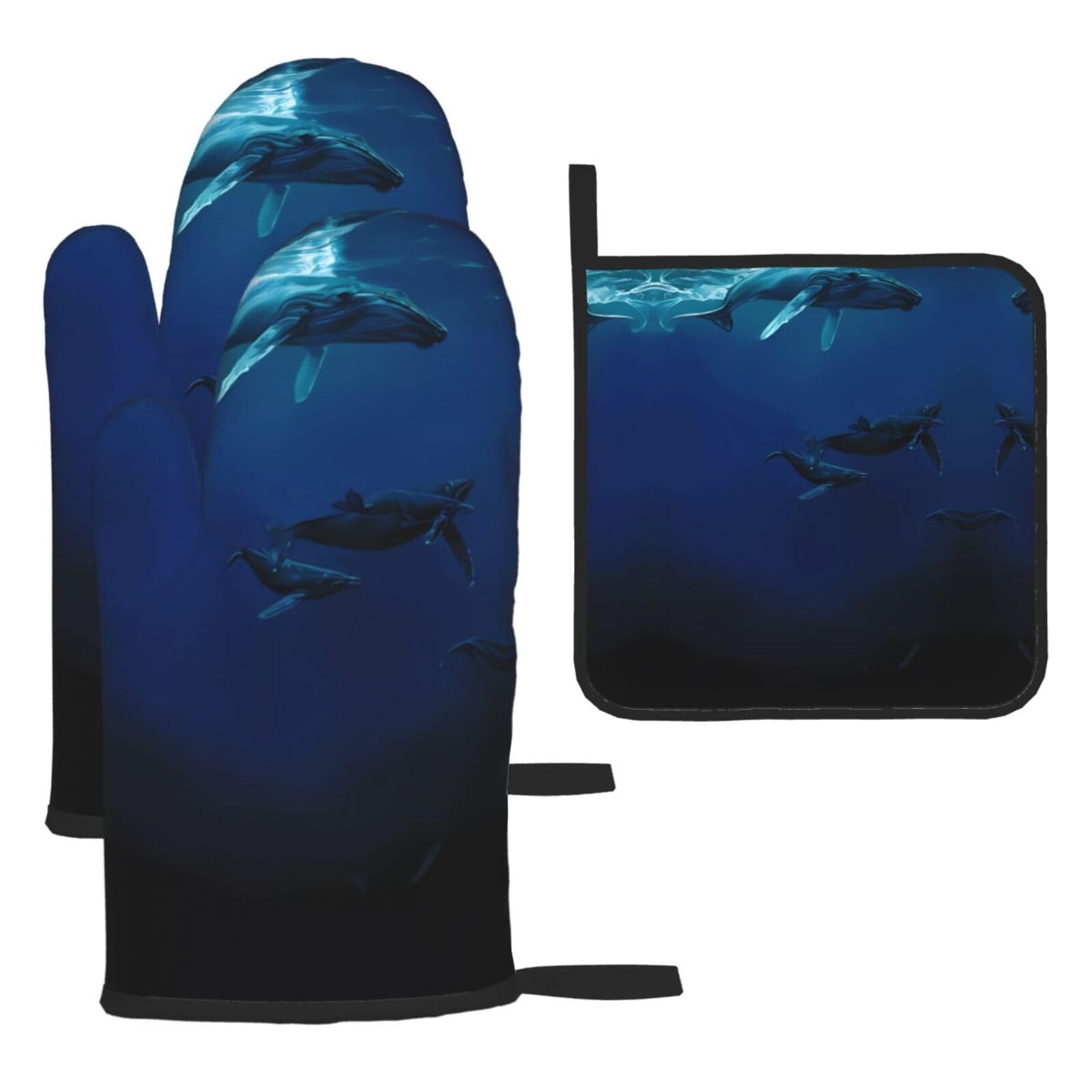 Ocean Whale Printed Oven Mitt Set 3-Piece | Heat Resistant Gloves & Pot Holder Mat for Cooking, Baking & BBQ