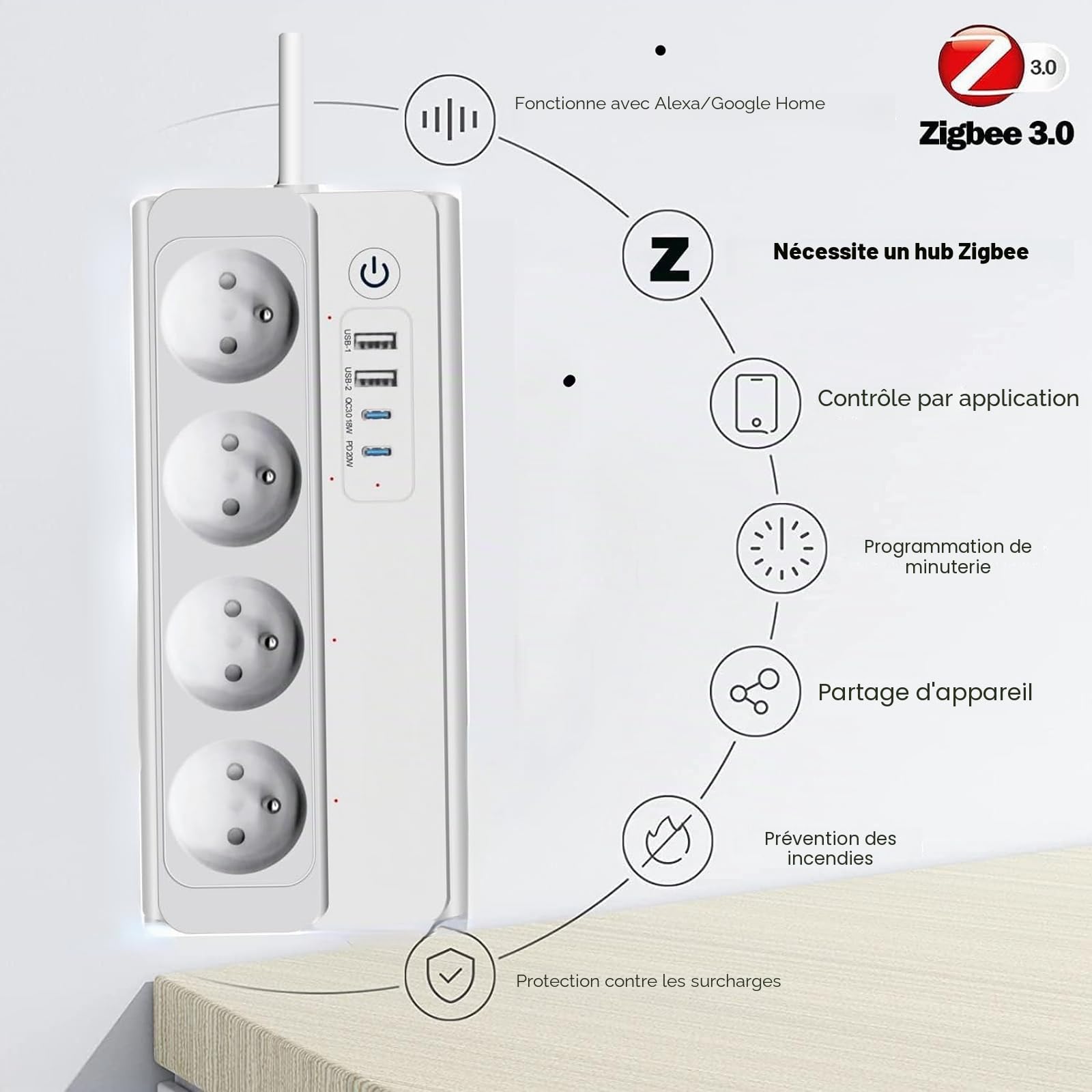 Multiprise Connectée Zigbee 3.0 UseeLink 16A Smart Power Strip avec 4 Prises 3 USB/1 Type-C Compatible avec Alexa et Google Home