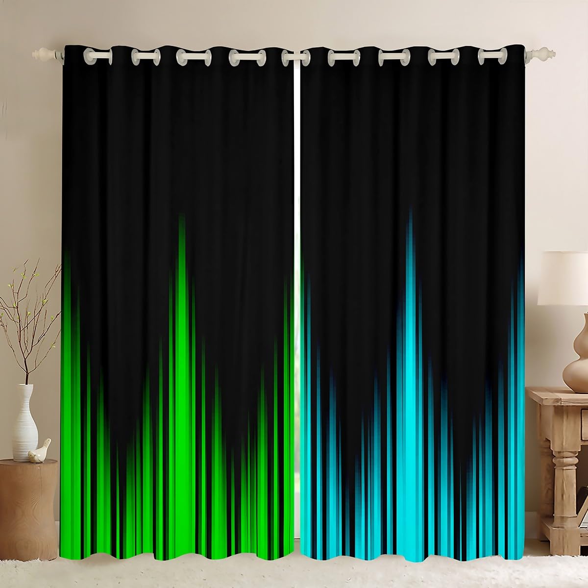 Homemissing Boys Multicolored 13224 Teel Blue And Green Darkening Dreapes Abstract Ombre Window Curtains Ombre Striped Darkening Dreapes For Kids Girls Ombre Window Treatments W66*L90