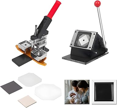 Button Maker Machine, Square Fridge Magnet Maker Machine, 2x2in DIY Photo Magnet Press Machine, Fridge Magnet Press Machine Kit with Paper Cutter and 100PCS Materials,Machine+Acrylic+Magnet