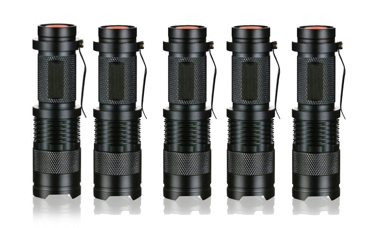 JDYYICZ 5 Pack 3 Modes Handheld Mini Cree Q5 LED Flashlight Torch Tactical Lamp 7w 500lm Adjustable Focus Zoomable Light