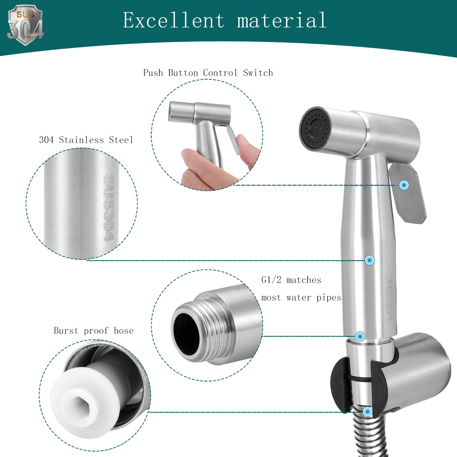 Kit de Pulverizador de Bidé de Mano de Acero Inoxidable, Grifo Bidet para WC, Ducha Higiénica para WC, con Manguera y Válvula de G1/2 Soporte