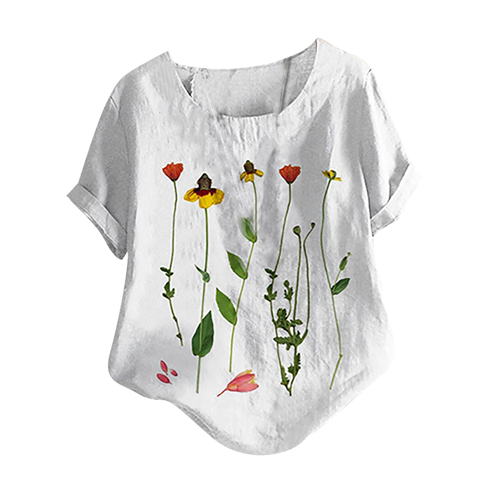 NUSGEAR 2023 Camiseta de Manga Corta Mujer, Moda Verano Impresión Lino de algodón Blusa Camisa Cuello Redondo Camiseta Suelto Tops Fiesta Casual T-Shirt Original cómodo tee Elegante Jersey Talla Grande