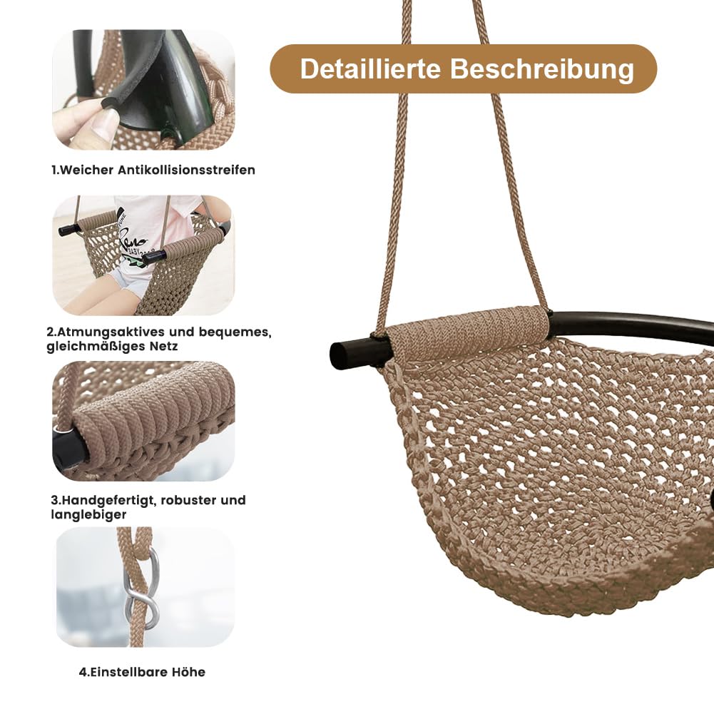 Handgestrickte Kleinkindschaukel, Schaukel für Kinder mit verstellbaren Seilen, Robustes, sicheres Seilschaukel-Set für drinnen, draußen, Spielplatz, Baum, 200 kg Tragkraft (Hellbraun)