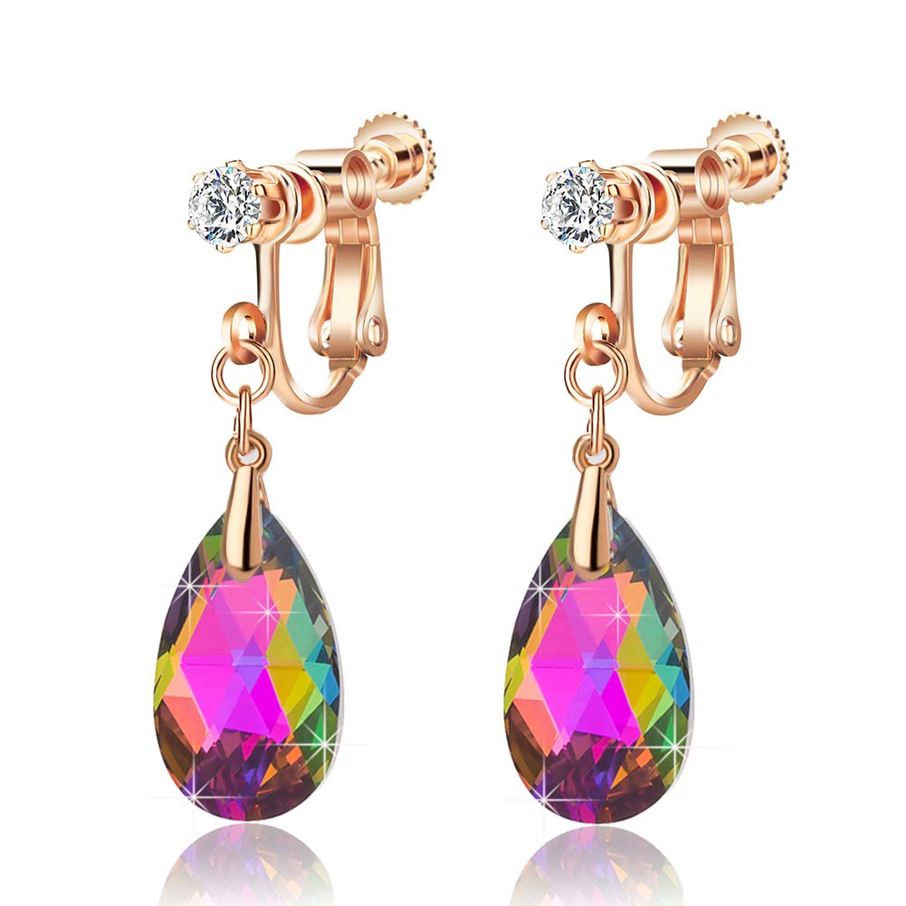Teardrop Austrian Crystal Drop Clip On Dangle Earrings for Women Non Pierced 14K Rose Gold Plated Hypoallergenic Jewelry