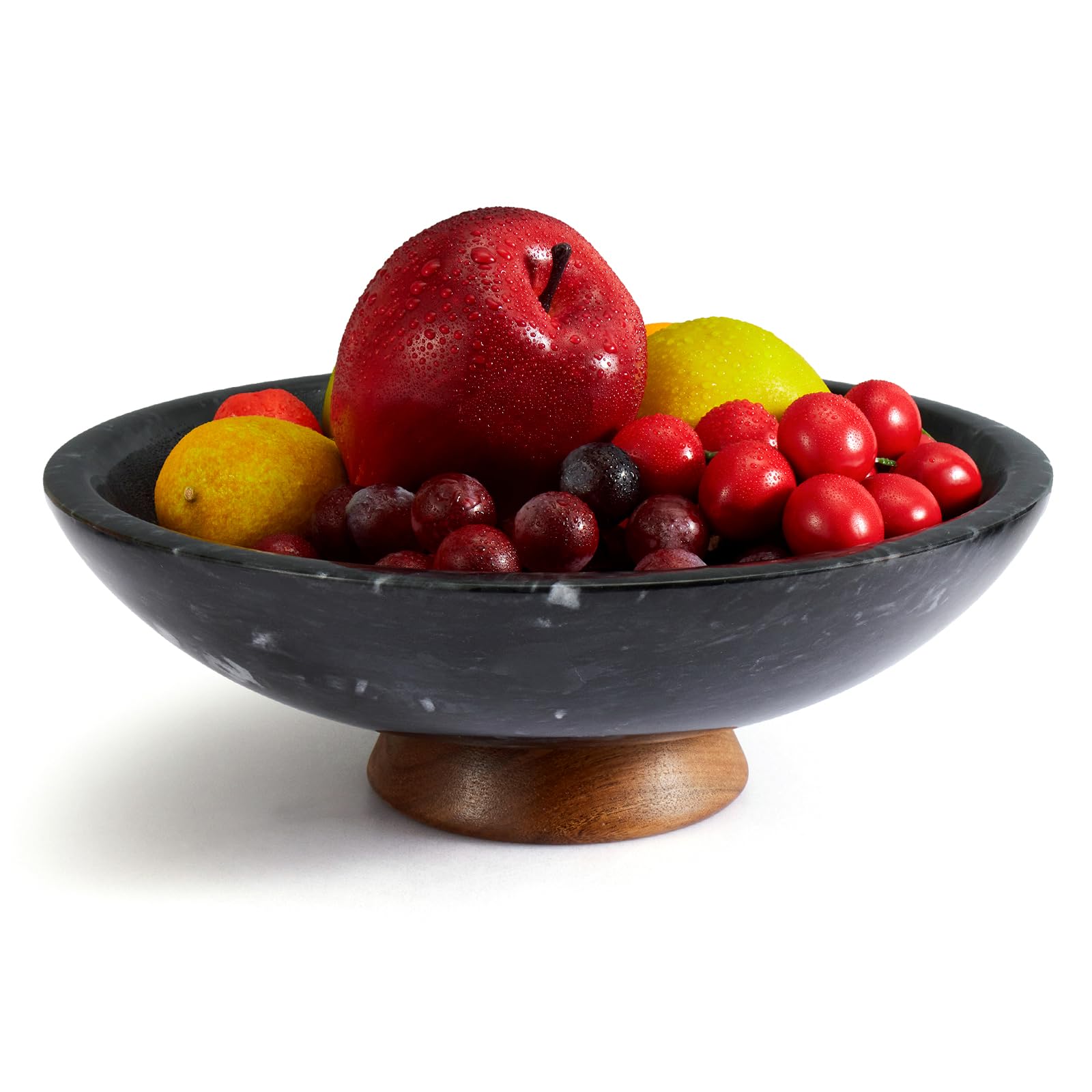 SAMAH Gray Marble Fruit Bowl with Acacia Wood Pedestal, Large Decorative Footed Bowl, Natural Stone Centerpiece for Kitchen Counter, Entryway, Keys, Dining Table, House Warming Gifts New Home(11Inch)