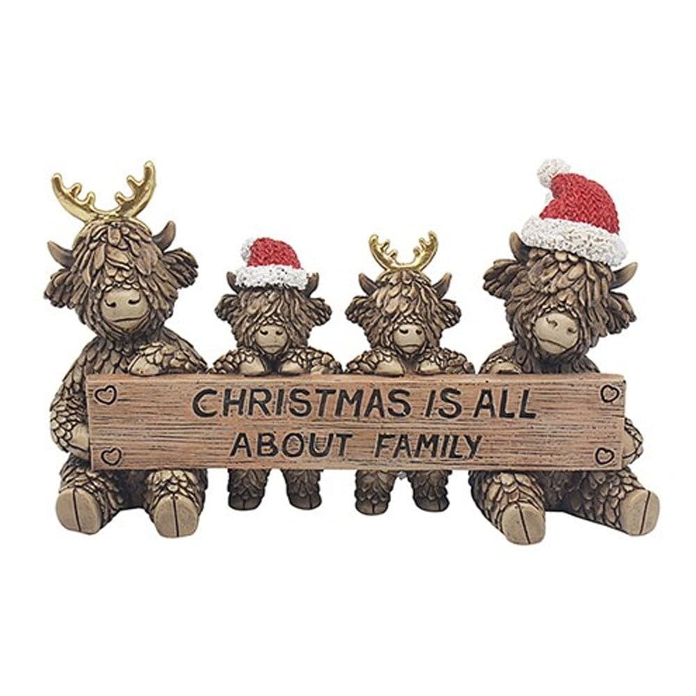 Lesser & Pavey White With Red And Green Accents Xmas Highland Cow Family With Sign Figurine