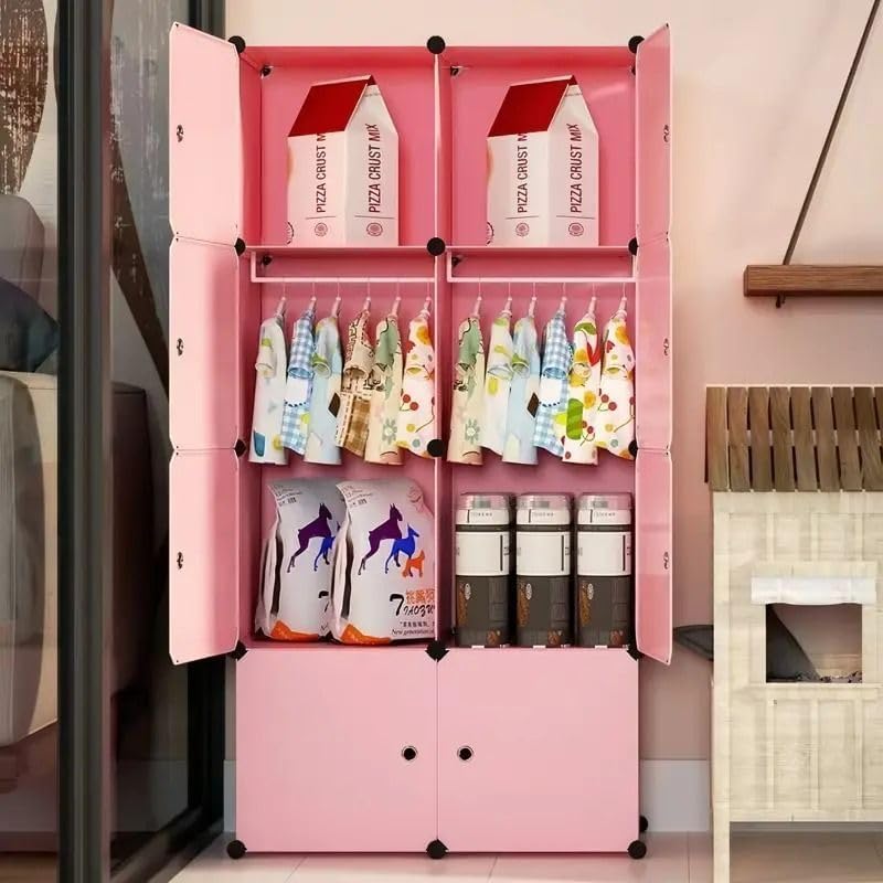 Image of Plastic Wardrobe for Clothes Storage, 8-Door Portable Collapsible Almirah & Cupboard for Bedroom, Baby Wardrobe Cabinet Organizer for Clothes & Toys (Pink, 8 Door)