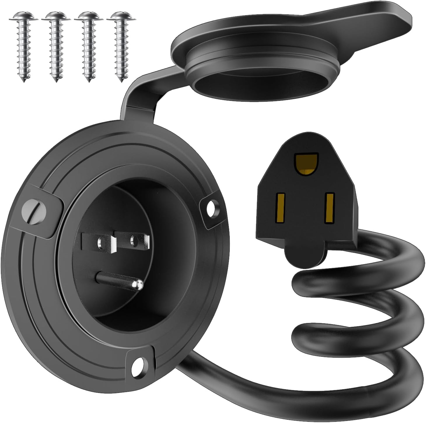 RV Shore Power Inlet Charger Plug,15 Ampere AC Port Plug, 125V Power Socket with Integrated 20 inch Outdoor Extension Cable and Waterproof Cover, Used for Marine, Trailer, and Electrical Connections