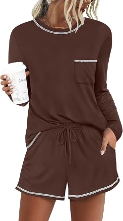 DouBCQ Womens Pajama Sets 2 Piece Long Sleeve Top and Shorts Crewneck Lounge Wear Soft Pjs with Pockets