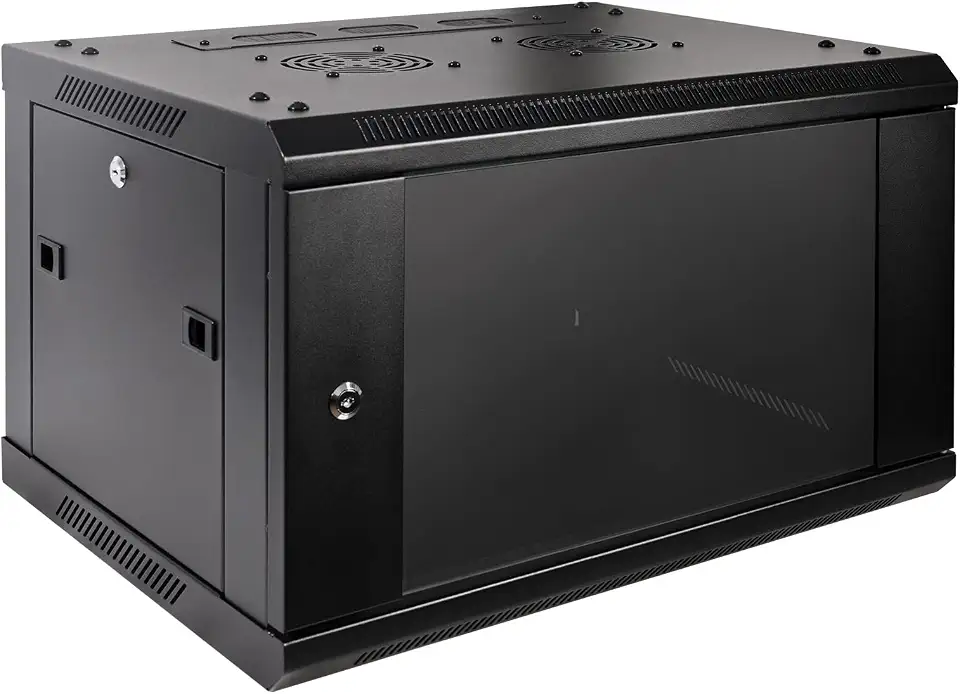 RackPath Gabinete de servidor profissional 6U para montagem na parede com 2 ventiladores silenciosos, 1 painel de gerenciamento de cabo escovado, preto