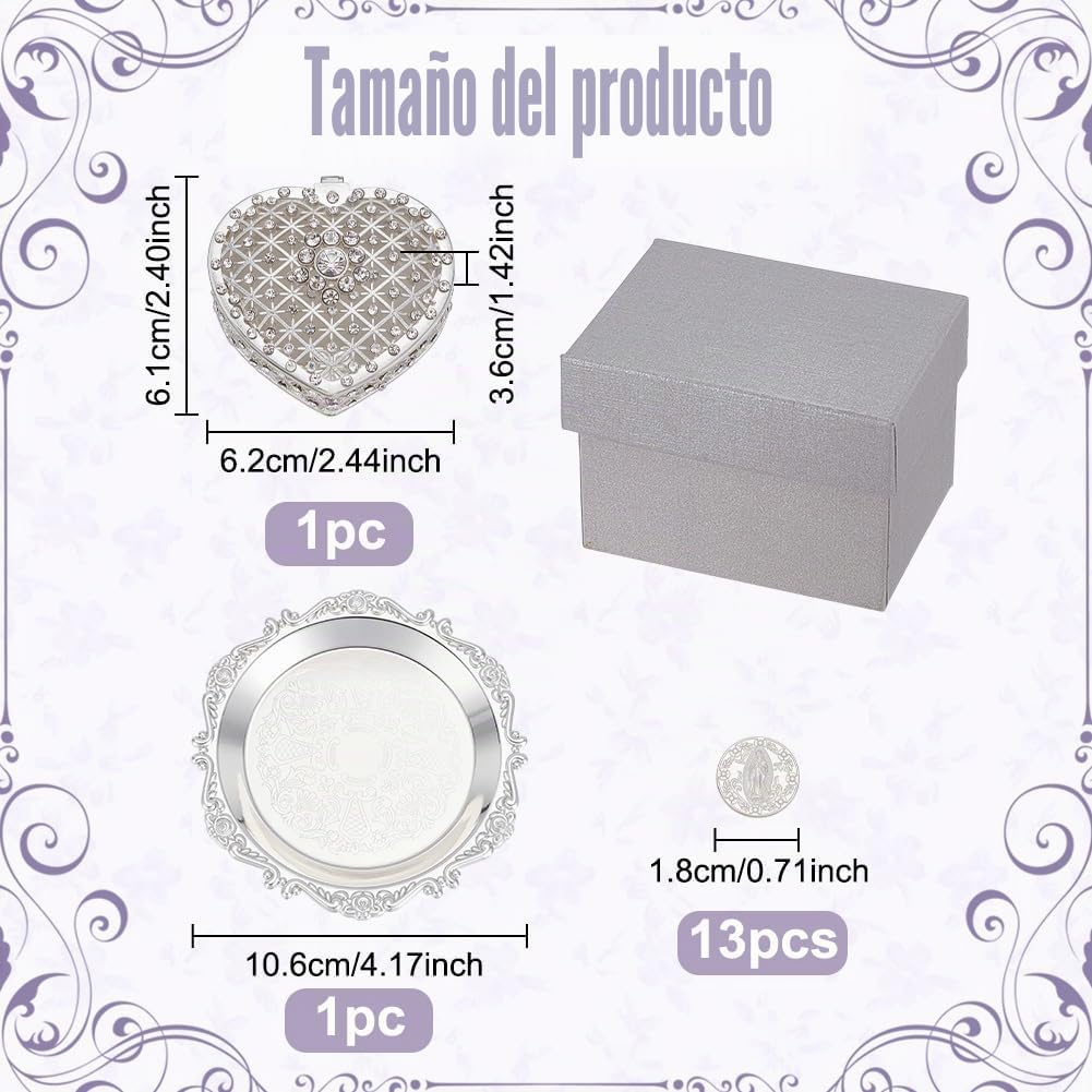 ORIGACH Juego de Moneda de Arras de Boda de Plata, Arras de Boda Cristiana, Caja en Forma de Corazón con 13 Monedas de Jesús y Bandeja en Relieve, Accesorios de Boda para la Ceremonia