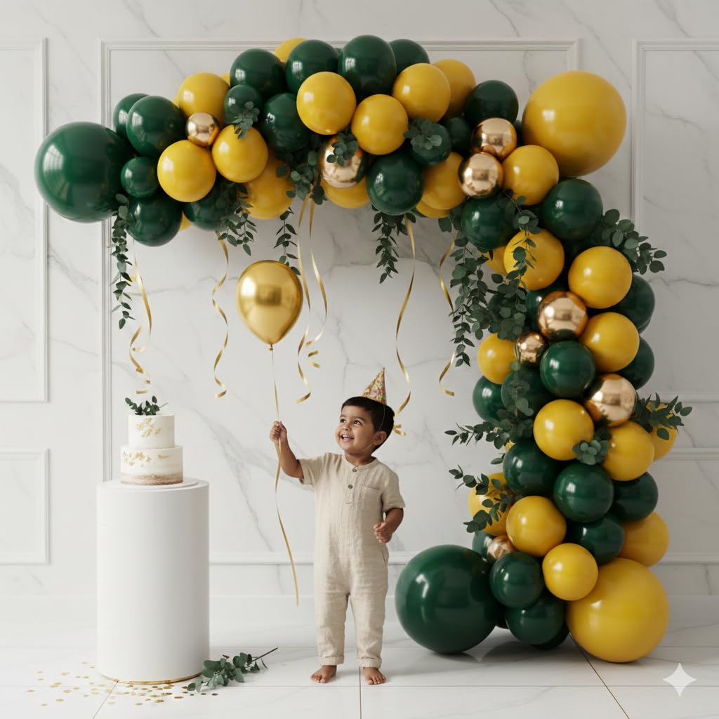Modanest Balloon Garland Arch Kit, Dark Green Yellow and Metallic Gold Latex Balloons with Gold Ribbon, Birthday Party Decoration Set, 51 Pieces kit for all