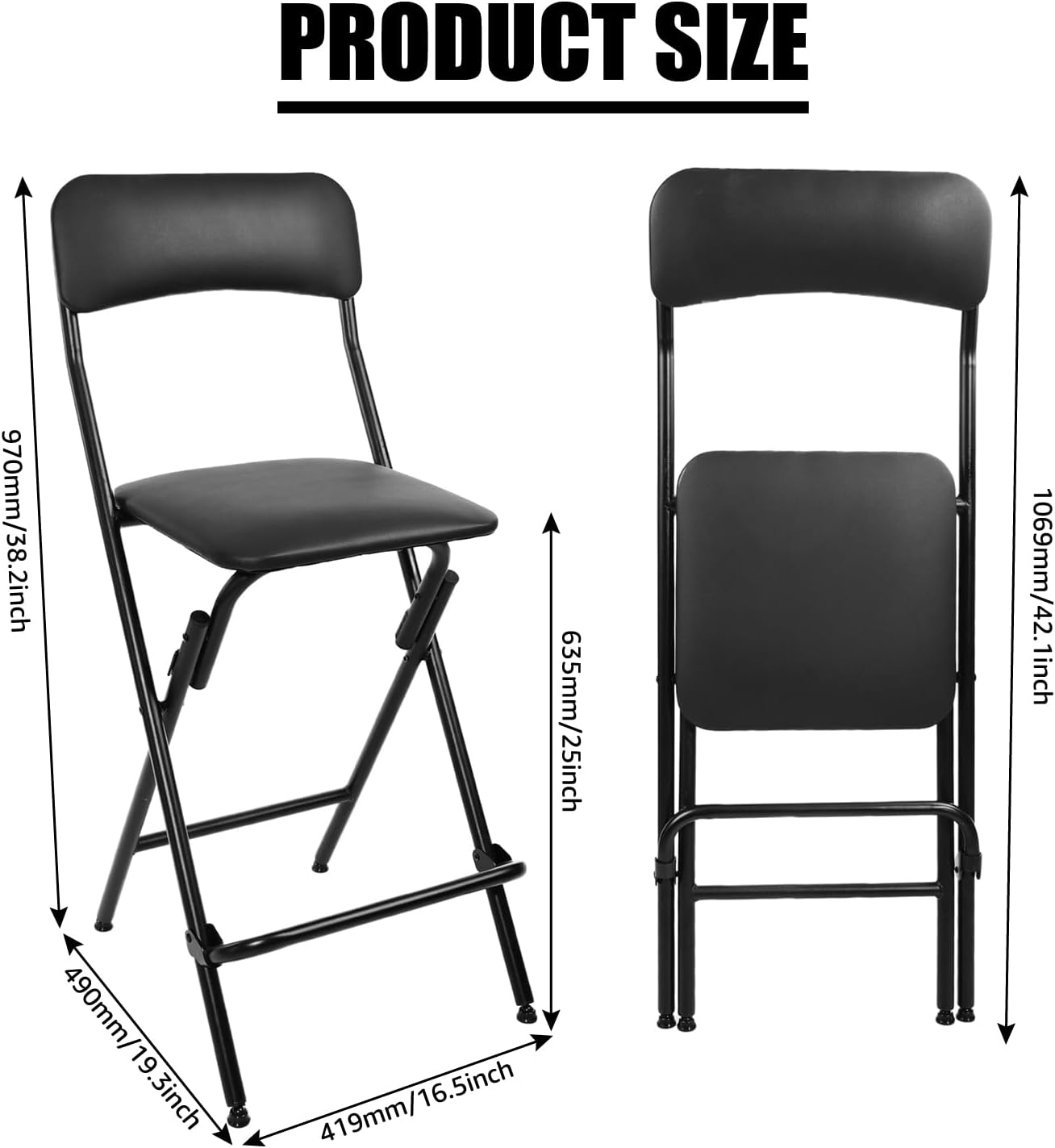 Folding Bar Stool with Backrest,25 Inch Leather Padded Counter Height Foldable Stool,Tall Folding Stool Chair for Gardening Kitchen Shop Cafe, Black (2 Pack)