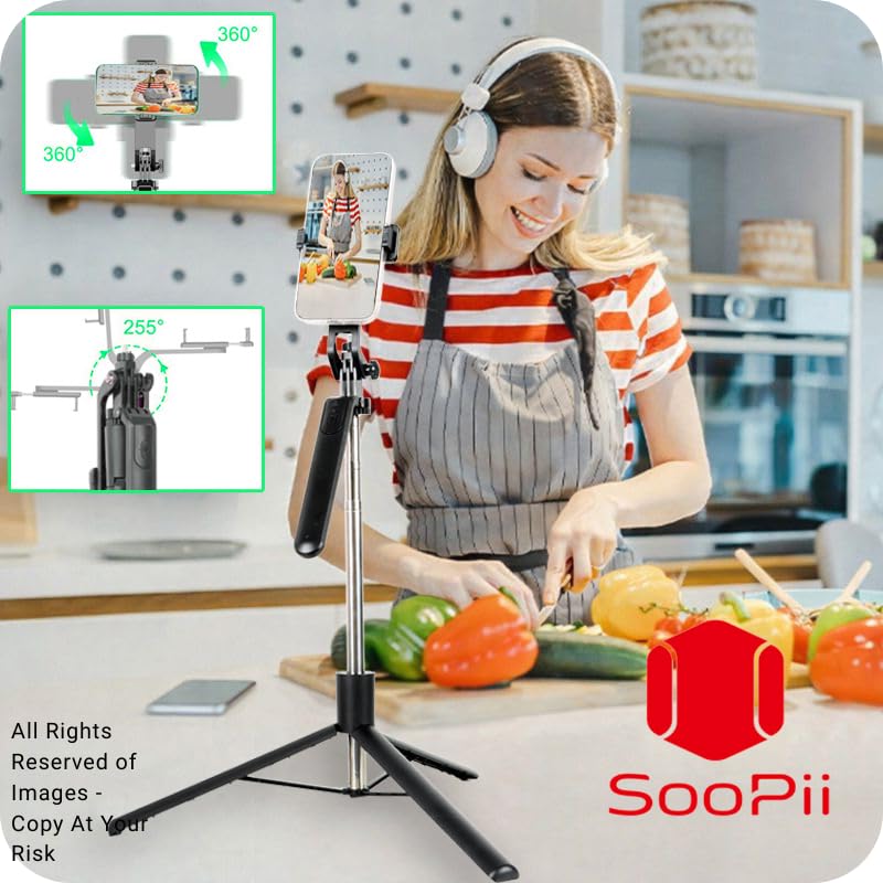 Image of SooPii All in one Bluetooth Selfie Stick with Tripod Stand | Foldable & Extendable | Wireless Remote | Lightweight Portable Selfie Stick for Android & iPhone | Vlogging, Travel, Video Shooting