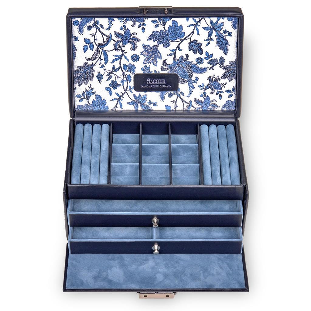 SACHER Coffret à Bijoux Elly/florage/Bleu, Cuir/Handmade in Germany