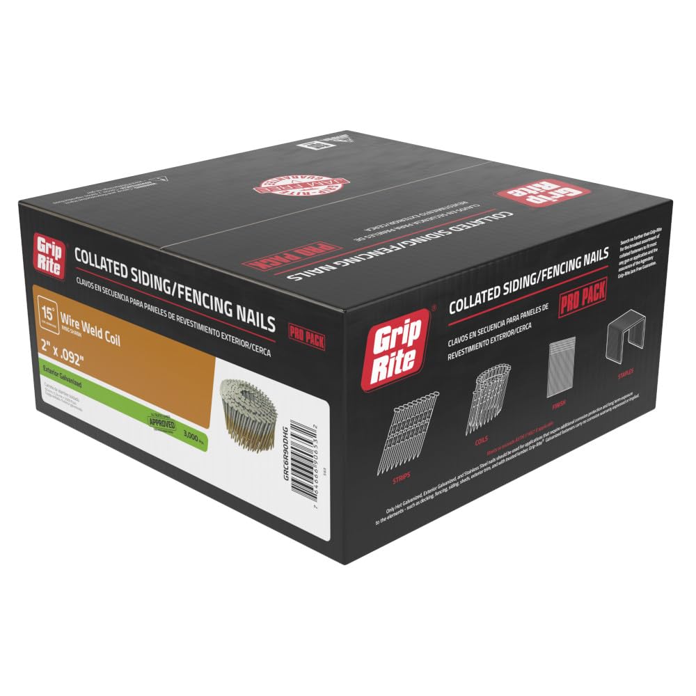 Grip-Rite 15 Degree Wire Collated Coil Siding and Fencing Nails - Exterior Galvanized Nails for Wood-to-Wood Applications - 2" x .092-3000 Count - GRC6R90DHG