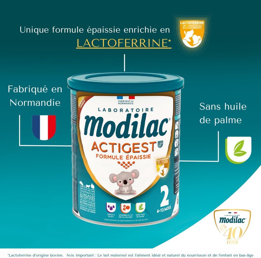 Modilac - Lait Infantile en Poudre Actigest Lf+2 - Formule Épaissie - Fabriqué en France Sans Huile de Palme - 2eme Age, de 6 à 12 Mois - Lot de 6x800g