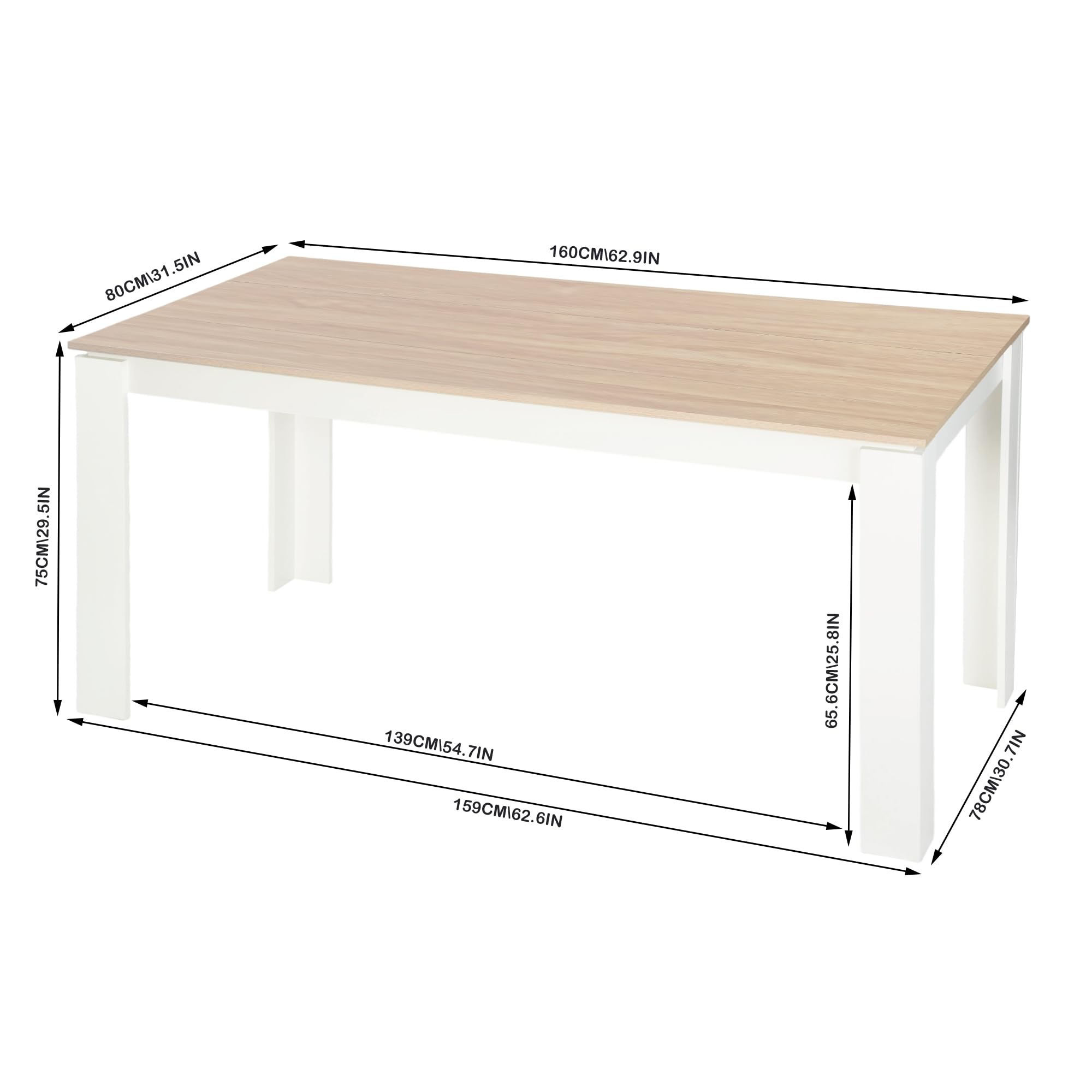 Esstisch, Esszimmertisch Holztisch für Küche, Großer Tisch, 160x80x75cm, Eiche und Weiß