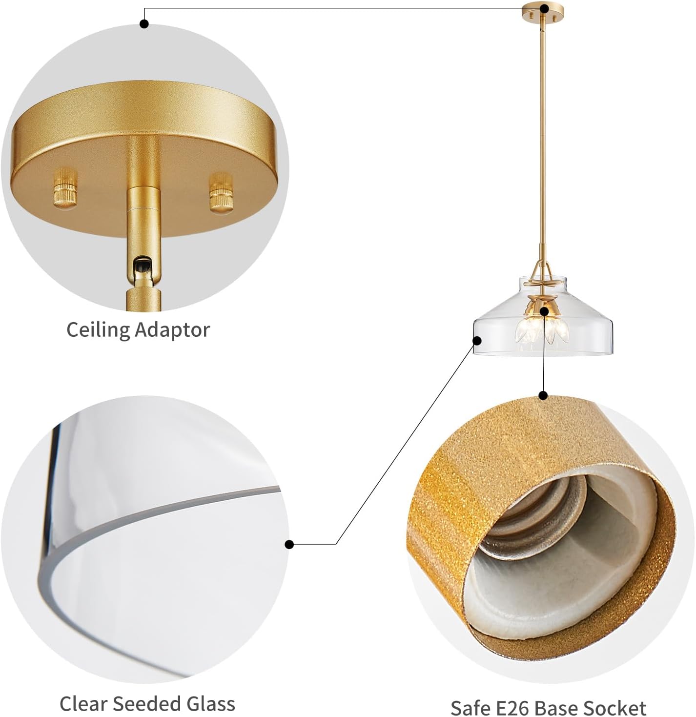 WUZUPS Chandelier Rustic Farmhouse Industrial Round Ceiling Pendant LED Light Fixture with Clear Glass Shades for Dining Room Kitchen Island Foyer Entryway, H 11.8" W 15", E26 Base, Gold