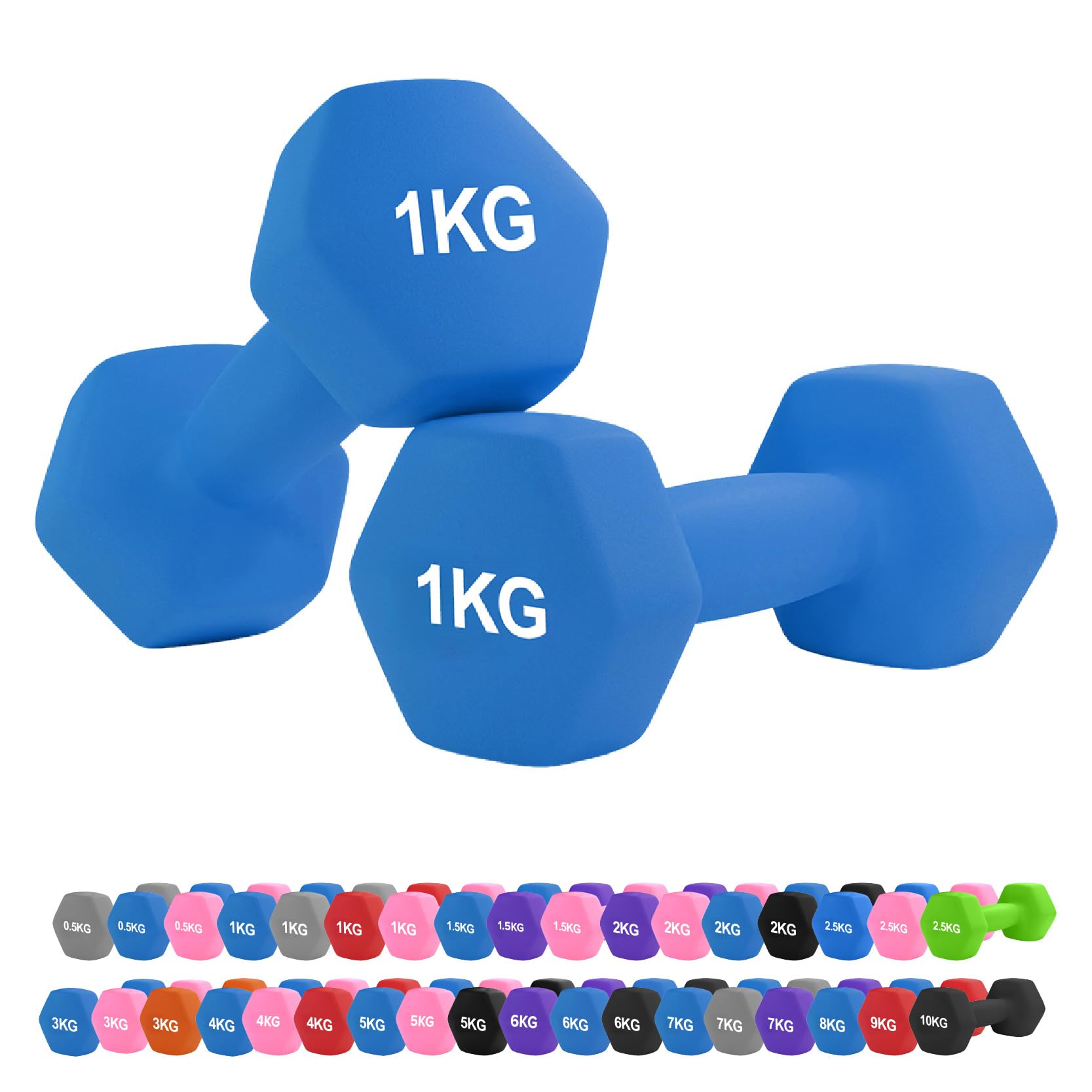 Neoprene Hex Dumbbell Set 0.5–10kg – Non-Slip Comfort Grip Hand Weights for Home Gym, Strength Training, Full-Body Workouts, HIIT, CrossFit, Pilates (1Kg Pair-Blue)