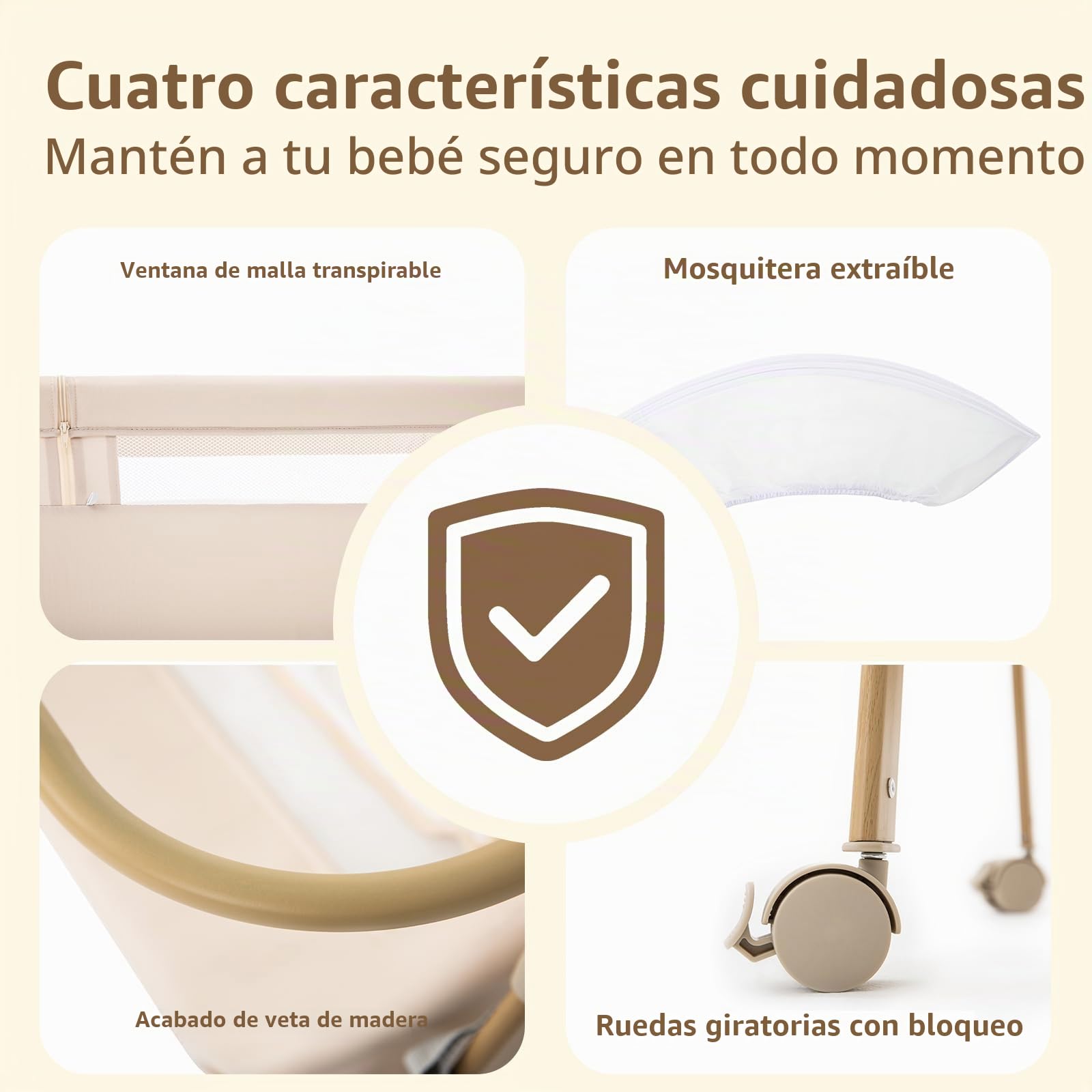 Zkiprm Cuna Colecho Bebé, Cama Colecho Bebé Plegable de Fácil Montaje, Cuna con mosquitero, 4 Ruedas Bloqueables, Bolsa de Viaje y Cesta de Almacenamiento | Máximo : 9 kg | 0 a 6 Meses（Beige）