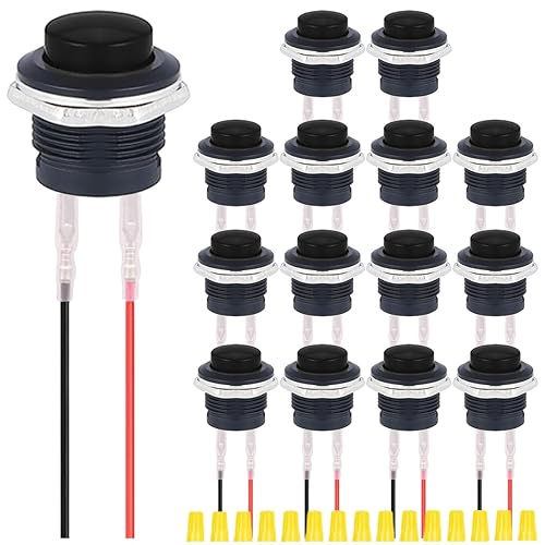 MKBKLLJY Interruptor de botón momentáneo negro de 0.591 in SPST 1A 250V AC  3A 125V AC ON Off 2 pines con cables de terminal bloqueados y tapa de