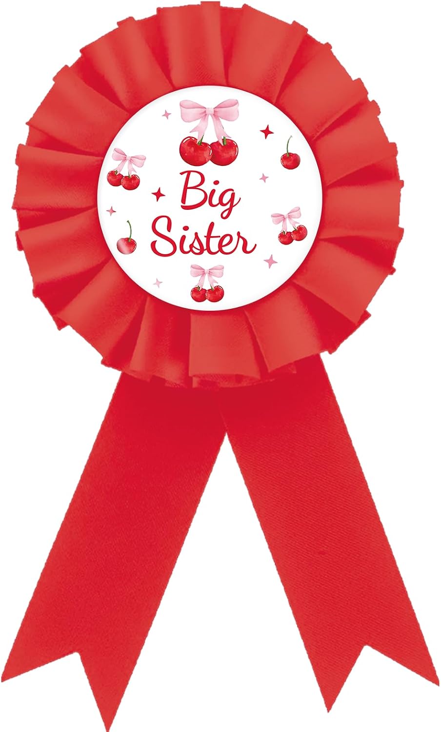 Cherry Big Sister Badge Pin, Pink Bows Happy Birthday Girl Button Pin, Red Rosette Sweet Berry Sister to Be Award Ribbon for Girl, She Is The Cherry on Top Themed Party Supplies