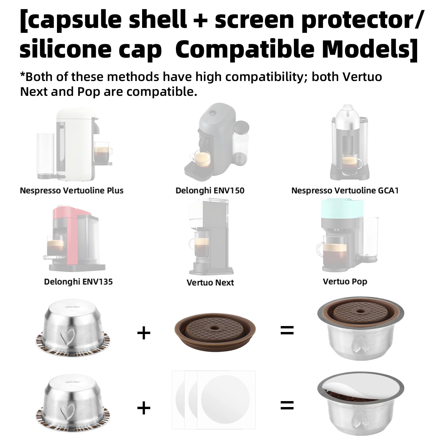 Kapsulki Wielokrotnego Uzytku do Nespresso Vertuo, Zestaw Kapsulek z Kawa Wielokrotnego Uzytku o Pojemnosci 230 ml ze Stali Nierdzewnej z 1 Silikonowa Pokrywka, 1 Lyzeczka i 1 Pedzelkiem