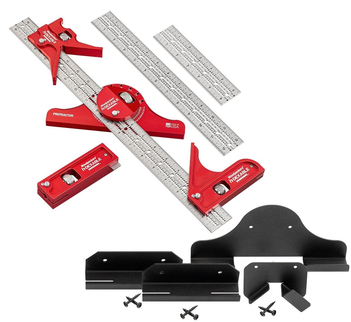 Woodpeckers inDexable Square System, Deluxe Metric Set, Feature Packed Woodworking Square - Includes 3 Blades & 4 Heads & 4 Rack-Its
