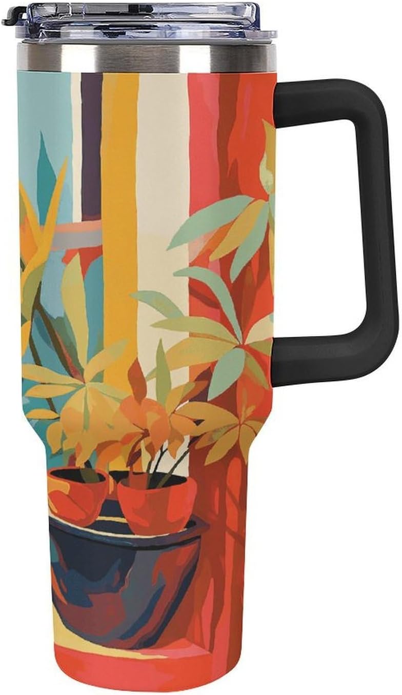 Cat Illustration Travel Coffee Mug Reusable Durable Stainless Steel Insulated Tumbler with Handle And Straw Leak Resistant Portable Thermal Cup Gifts for Men Women 40 Oz