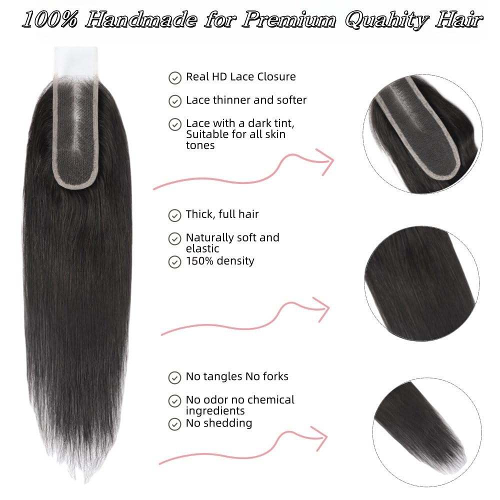 2x6 HD Lace Closure Straight Human Hair Real HD Transparent 18inch 100% Brazilian Virgin Kim K Middle Part Pre Plucked with Baby Hair Natural Color Kim K 2x6 Closure