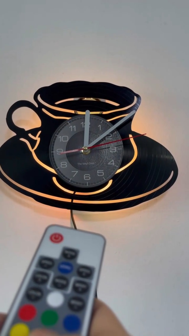Orologio Da Parete A Forma Di Disco In Vinile Con Tazza Di Caffè | Luce Notturna LED 7 Colori | Regalo Per Amanti Del Caffè | 20x25 Cm