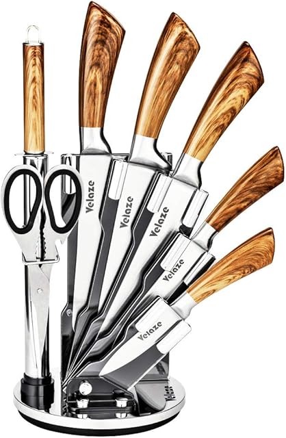 Velaze Knife Sets, 8-Piece Stainless Steel Kitchen Set Wood Color with Sharpener and Spinning Block