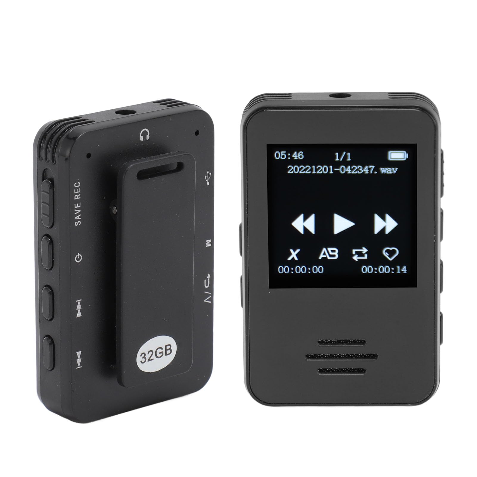 Enregistreur Vocal Numérique Portable 32 Go, Lecteur MP3 Ape FLAC WAV V5.2, Enregistreur à Clip Arrière avec écran IPS HD de 1,33 Pouces, Enregistreur Audio Sonore pour