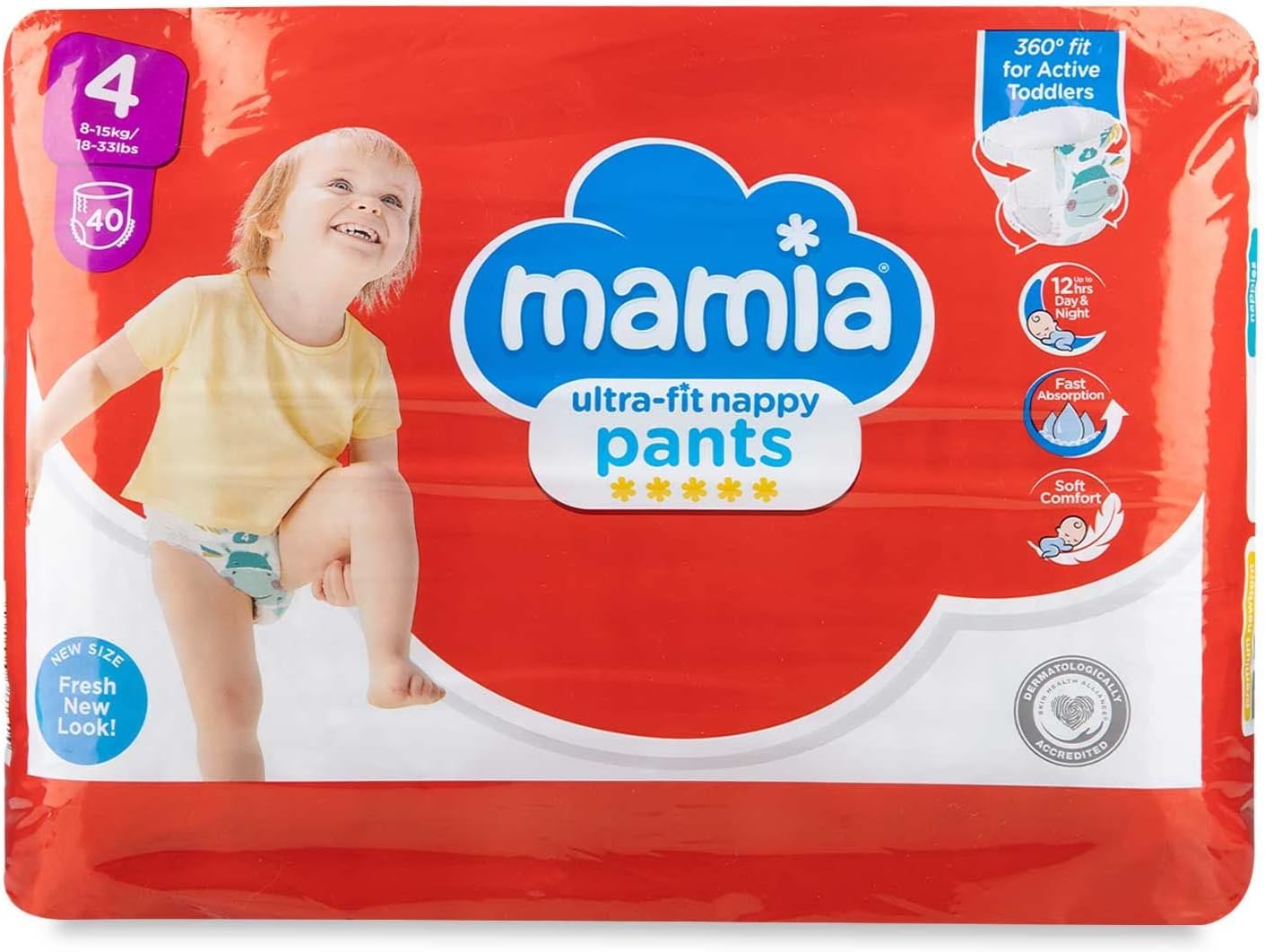 Mamia Ultra-fit Nappy Pants 40 Pack/Size 4, 8-15kg / 18-33lbs, 360 Fit for Active Toddlers, Soft Comfort