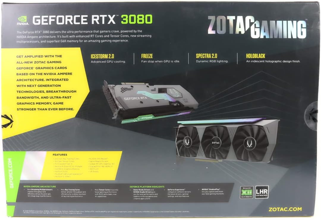 ZOTAC Gaming GeForce RTX 3080 AMP Holo 10GB GDDR6X 320-bit 19 Gbps PCIE 4.0 Graphics Card, IceStorm 2.0 Advanced Cooling, Spectra 2.0 RGB Lighting w/RGB LED Backplate, 1770Mhz Boost, ZT-A30800F-10P