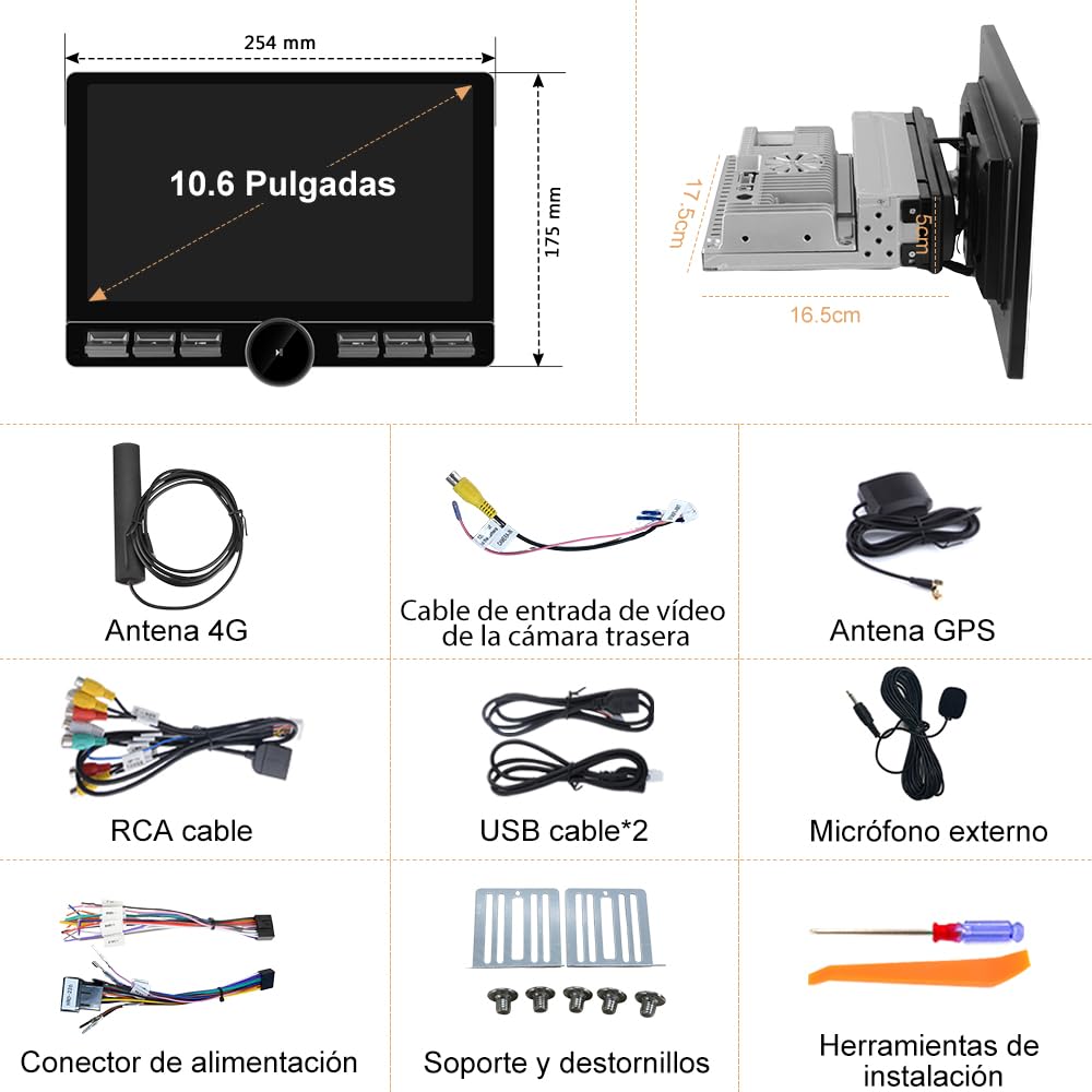 Android 13.0 [4GB+64GB] Radio Coche 1 DIN Universal con Pantalla Táctil Inclinable y Giratoria de 10.6 Pulgadas, Autoradio Admite CarPlay/Android Auto Inalámbrico/WiFi/4G/Bluetooth