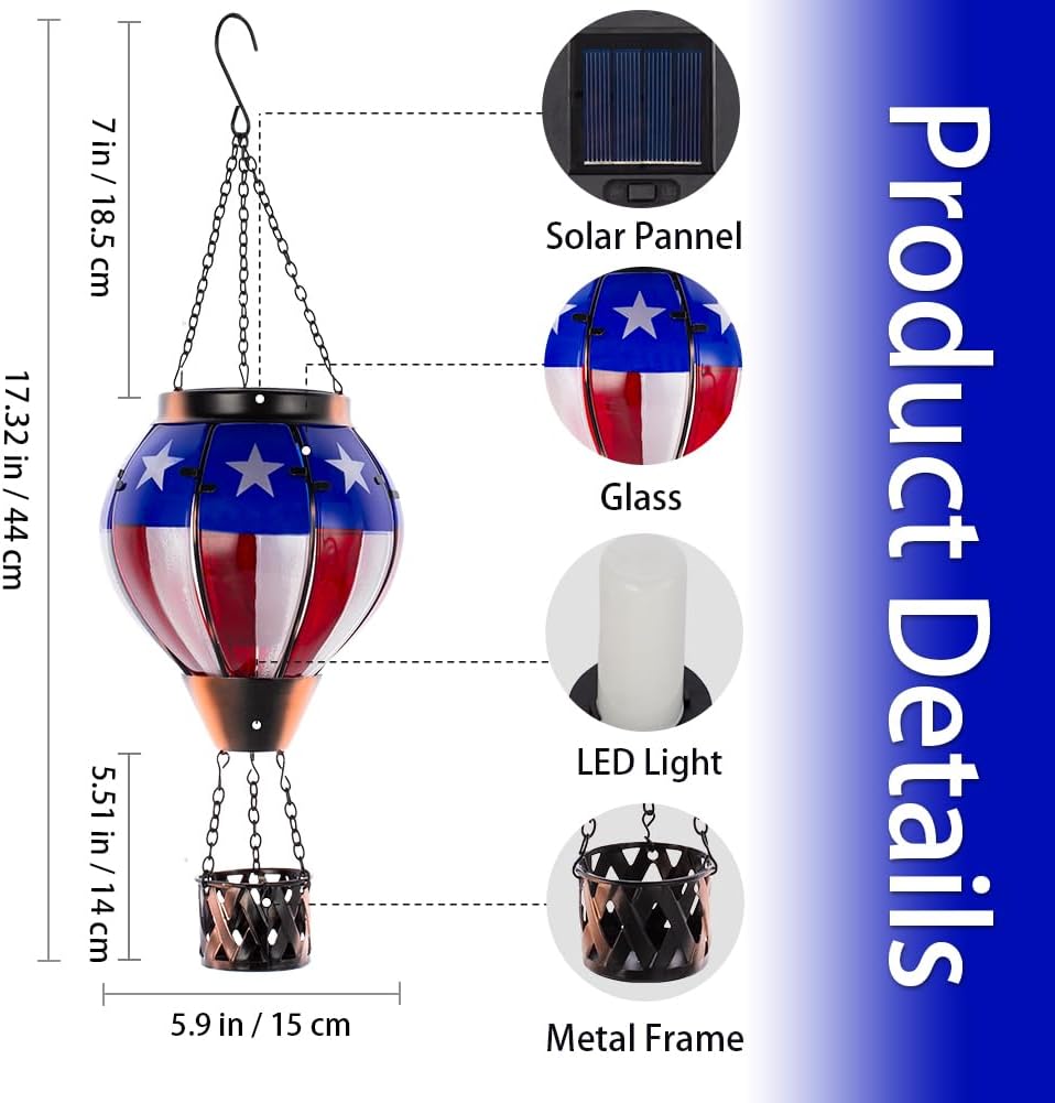 Solar Hot Air Balloon Outdoor Lantern with Flickering Flame, Flag Pattern Glass Hanging Outdoor Lantern Waterproof Decorative Lantern Lamp for Patio, Garden, Porch