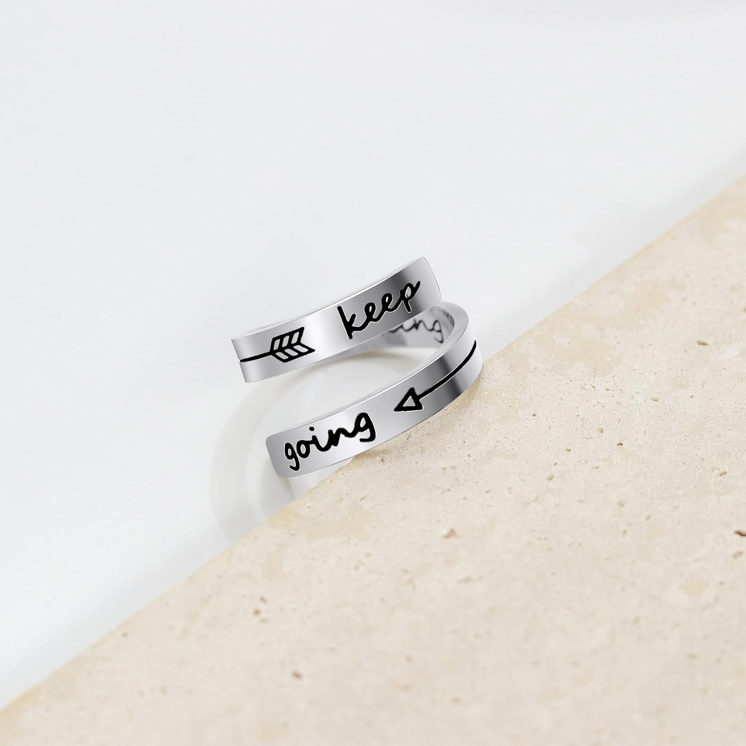 AILUOR Silver Keep Going Ring, Stainless Steel Inspirational Rings Jewelry Engraving Size Adjustable Bands Cool Personality Encouragement for Women Men Statement Ring