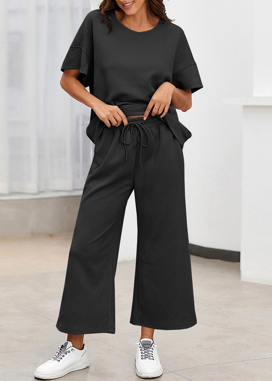 BXBY Women's 2 Piece Outfit Set Summer Lounge Going Out Matching Set Short Sleeve T-Shirt Wide Leg Pants Casual Wear - Image 7