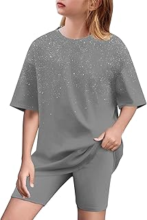 Conjunto deportivo de 2 piezas para niñas, conjunto de ropa de descanso para Año Nuevo, ropa degradada, camisetas de gran tamaño y pantalones cortos de ciclismo, conjunto de regalo de