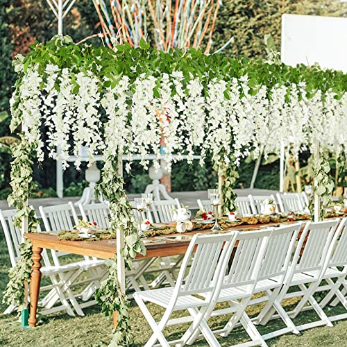 24 Pack White Artificial Wisteria Hanging Flowers Fake Wisteria Garland Silk Vines Ratta Lush Long Flower String For Home Room Wall Outdoor Garden Wedding Party Ceremony Decorations (White) #TOP4