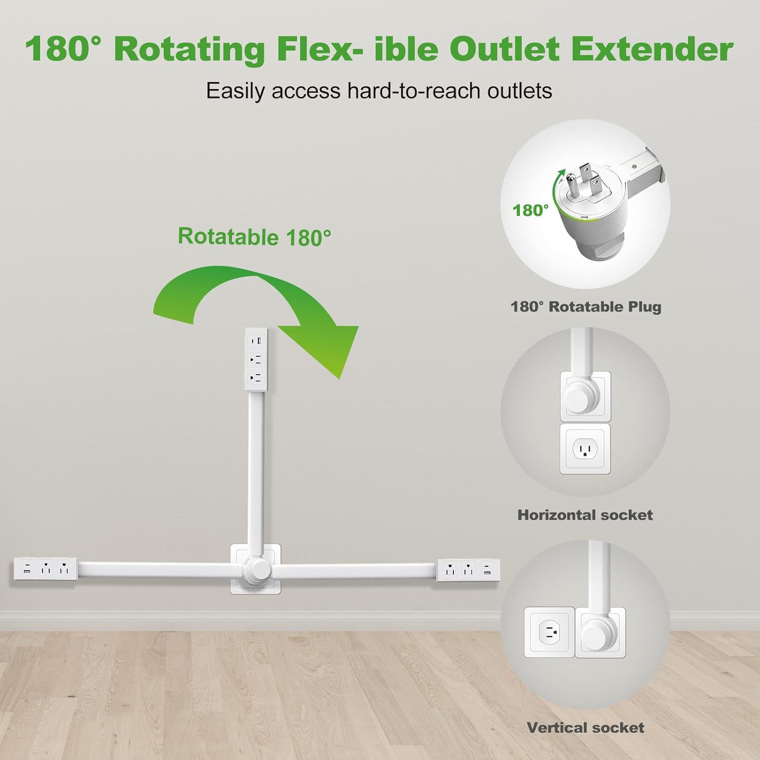 Rotates 180° Electrical Outlet Extender with 2 AC 1 USB-A 1 Type-C,Extends 17"-27" Power Outlet Extender Stick Access Hard-to-Reach for Bedroom Office Behind Couches Nightstands Desks Sofa